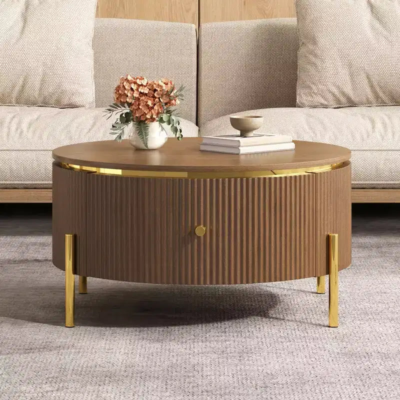 JVNOXK Table basse ronde moderne avec 2 grands tiroirs de rangement, table d'appoint de 80 cm pour salon, marron