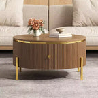 JVNOXK Table basse ronde moderne avec 2 grands tiroirs de rangement, table d'appoint de 80 cm pour salon, marron