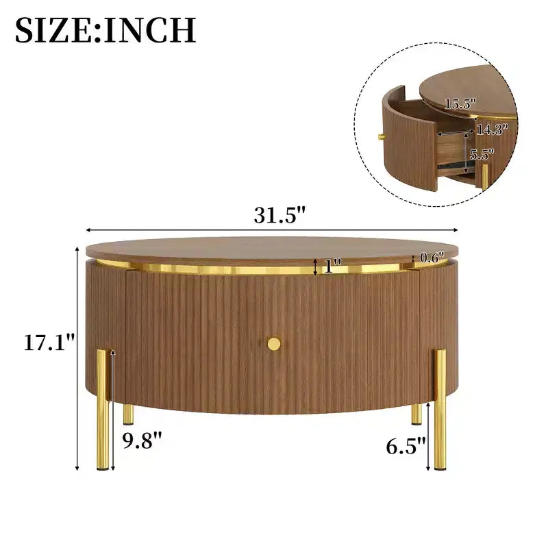 JVNOXK Table basse ronde moderne avec 2 grands tiroirs de rangement, table d'appoint de 80 cm pour salon, marron