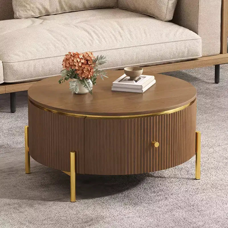 JVNOXK Table basse ronde moderne avec 2 grands tiroirs de rangement, table d'appoint de 80 cm pour salon, marron