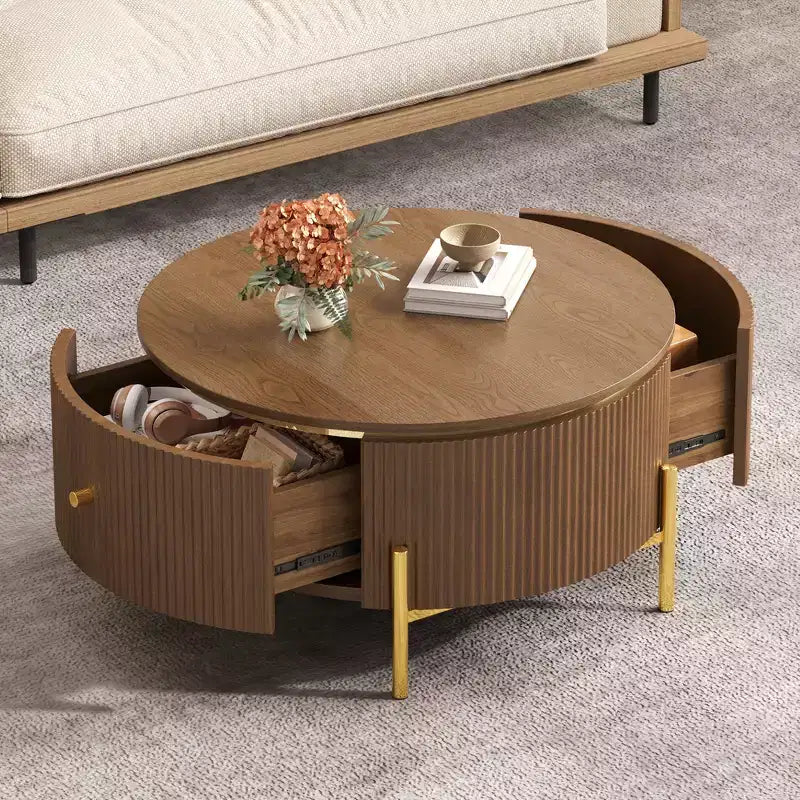 JVNOXK Table basse ronde moderne avec 2 grands tiroirs de rangement, table d'appoint de 80 cm pour salon, marron