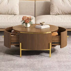 JVNOXK Table basse ronde moderne avec 2 grands tiroirs de rangement, table d'appoint de 80 cm pour salon, marron