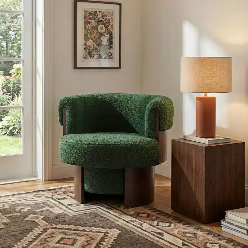 Fauteuil baril pivotant Whisen 360° avec design sculptural en bois courbé, cadre en bois massif, 81 cm de large, polyvalent pour le salon et la chambre à coucher