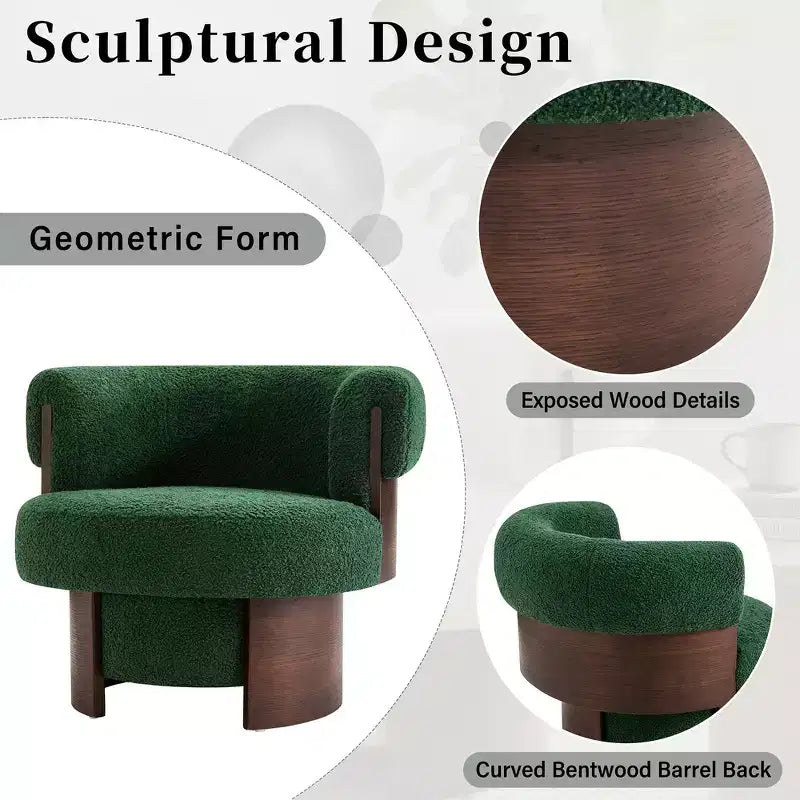 Fauteuil baril pivotant Whisen 360° avec design sculptural en bois courbé, cadre en bois massif, 81 cm de large, polyvalent pour le salon et la chambre à coucher