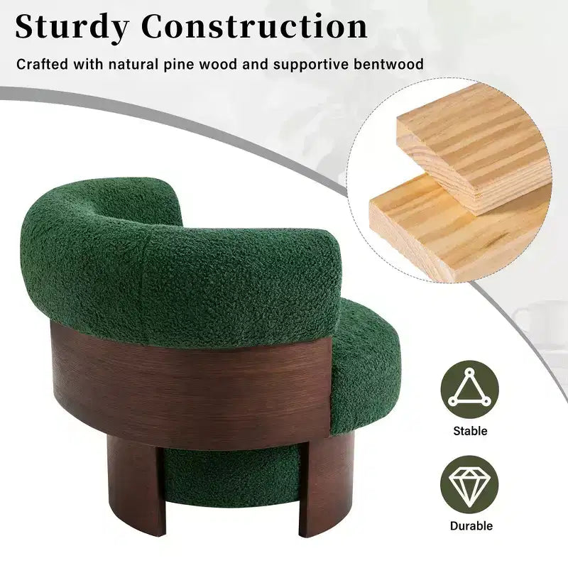 Fauteuil baril pivotant Whisen 360° avec design sculptural en bois courbé, cadre en bois massif, 81 cm de large, polyvalent pour le salon et la chambre à coucher