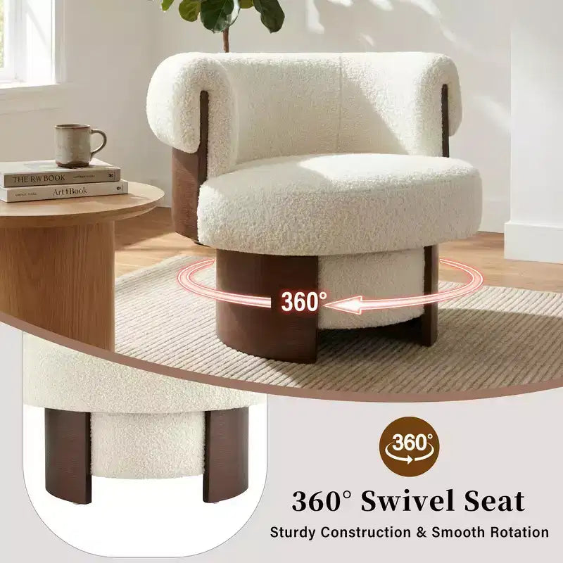 Fauteuil baril pivotant Whisen 360° avec design sculptural en bois courbé, cadre en bois massif, 81 cm de large, polyvalent pour le salon et la chambre à coucher