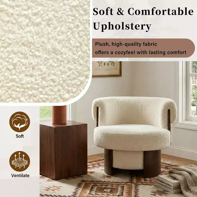 Fauteuil baril pivotant Whisen 360° avec design sculptural en bois courbé, cadre en bois massif, 81 cm de large, polyvalent pour le salon et la chambre à coucher