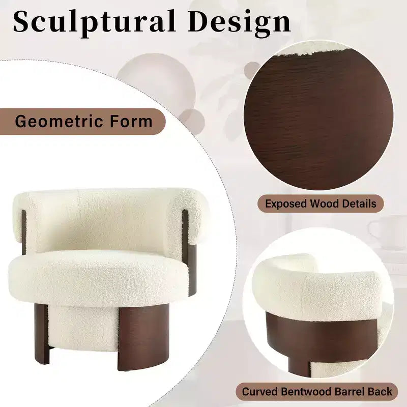 Fauteuil baril pivotant Whisen 360° avec design sculptural en bois courbé, cadre en bois massif, 81 cm de large, polyvalent pour le salon et la chambre à coucher
