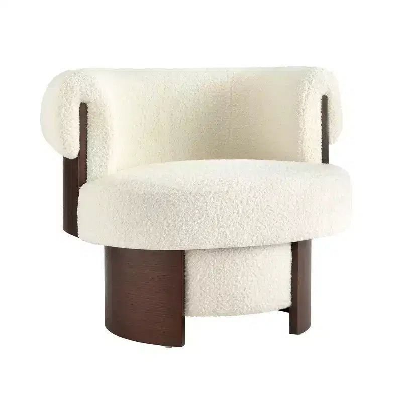 Fauteuil baril pivotant Whisen 360° avec design sculptural en bois courbé, cadre en bois massif, 81 cm de large, polyvalent pour le salon et la chambre à coucher