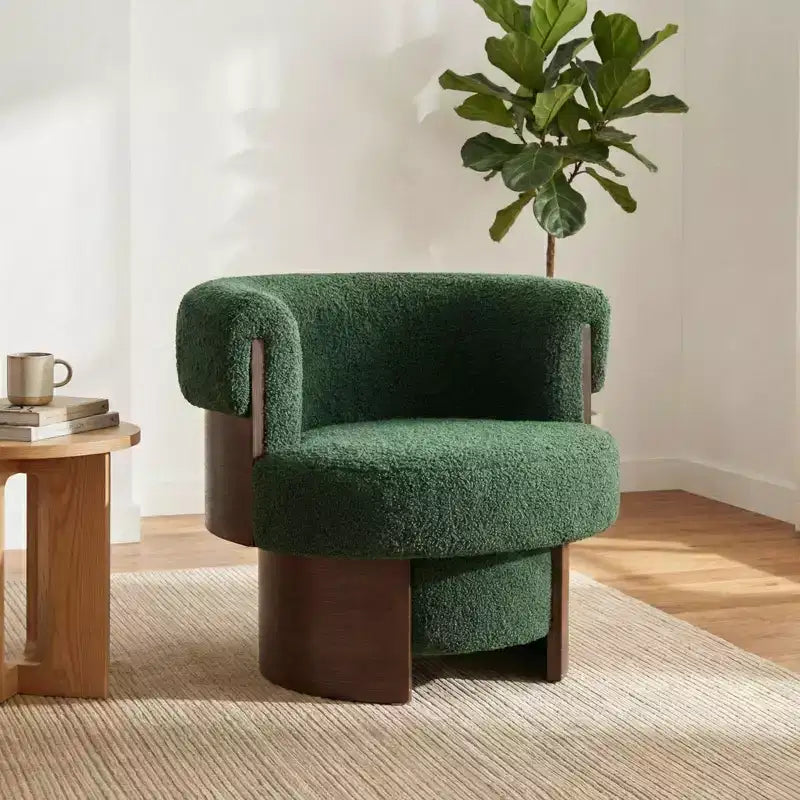 Fauteuil baril pivotant Whisen 360° avec design sculptural en bois courbé, cadre en bois massif, 81 cm de large, polyvalent pour le salon et la chambre à coucher