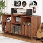 Meuble TV moderne de 55" en bois avec station de recharge, prises de courant et 2 ports USB, rangement pour vinyles, style Mid-Century, étagères ouvertes, bois naturel