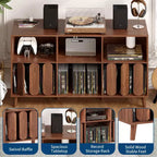Meuble TV moderne de 55" en bois avec station de recharge, prises de courant et 2 ports USB, rangement pour vinyles, style Mid-Century, étagères ouvertes, bois naturel