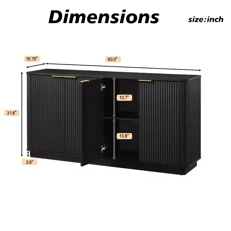 JVNOXK 63 Armoire de buffet à rayures verticales avec rangement, meuble TV à vagues incurvées pour salon, chambre, couloir, noir