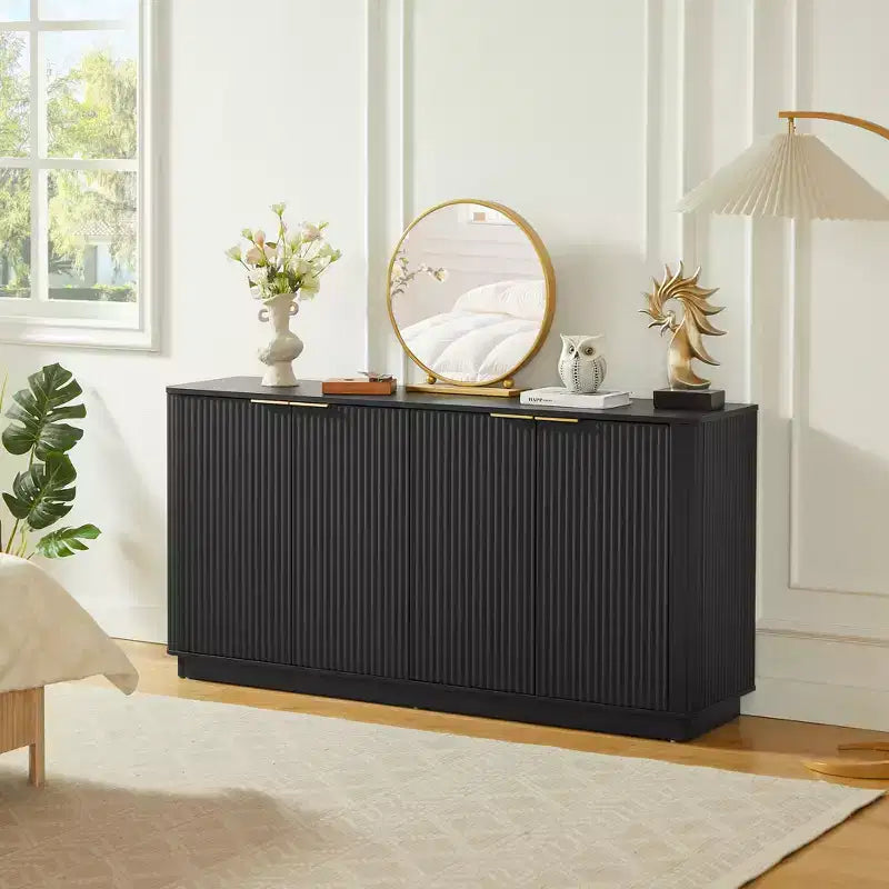JVNOXK 63 Armoire de buffet à rayures verticales avec rangement, meuble TV à vagues incurvées pour salon, chambre, couloir, noir