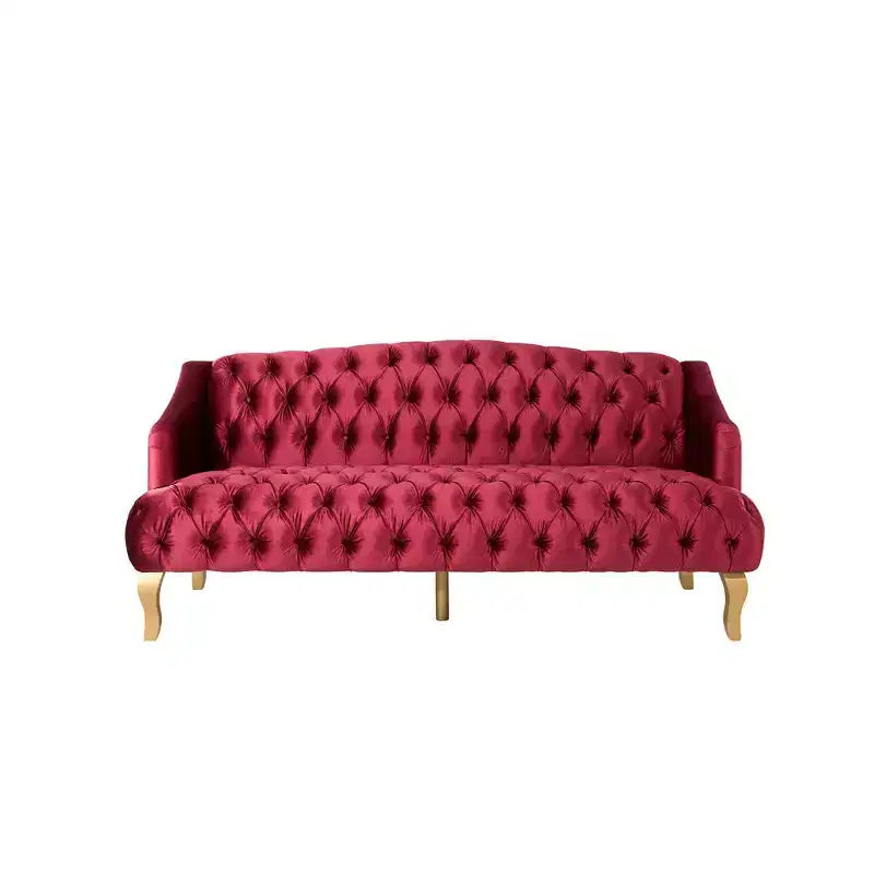 Canapé trois places en velours capitonné de style moderne du milieu du siècle Whisen avec pieds en bois courbés