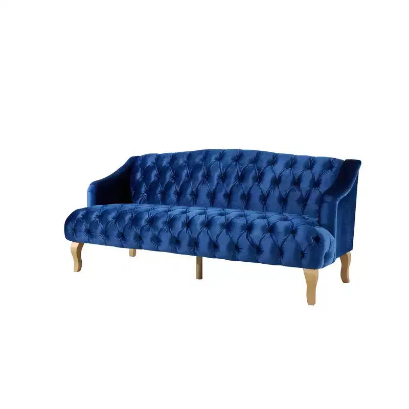 Canapé trois places en velours capitonné de style moderne du milieu du siècle Whisen avec pieds en bois courbés