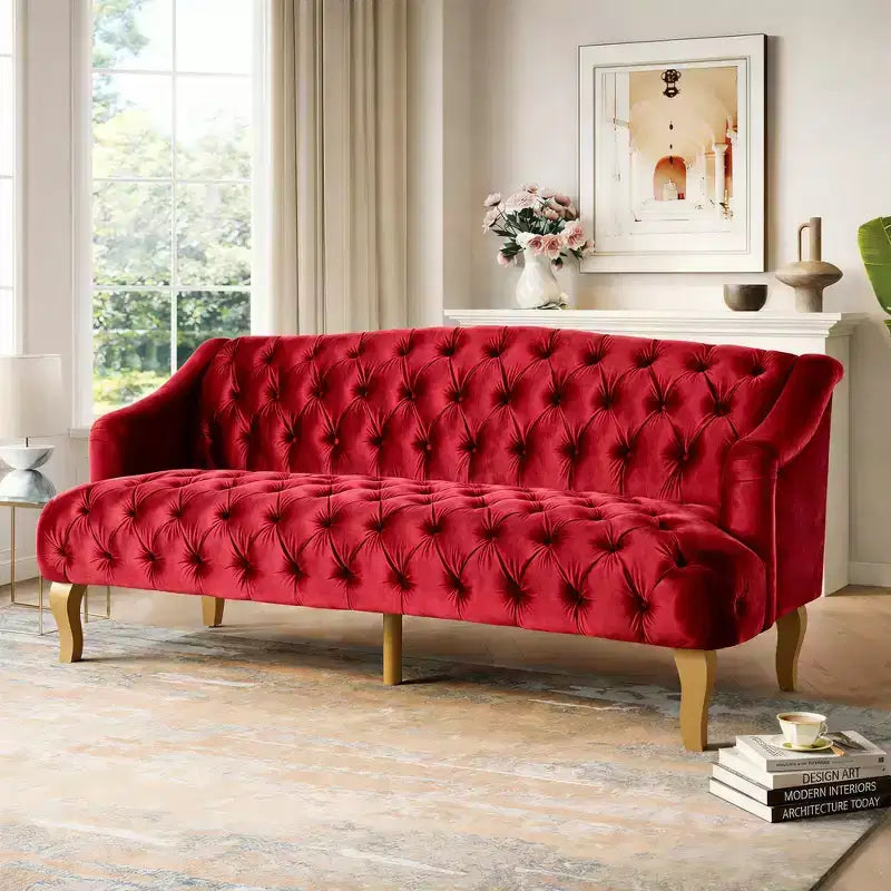 Canapé trois places en velours capitonné de style moderne du milieu du siècle Whisen avec pieds en bois courbés