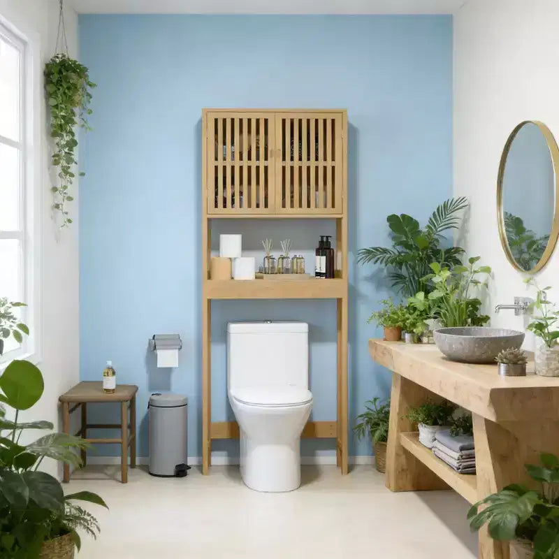 Meuble de rangement vertical en bambou GDFStudio Rhett à poser au-dessus des toilettes avec étagères réglables et portes à lattes