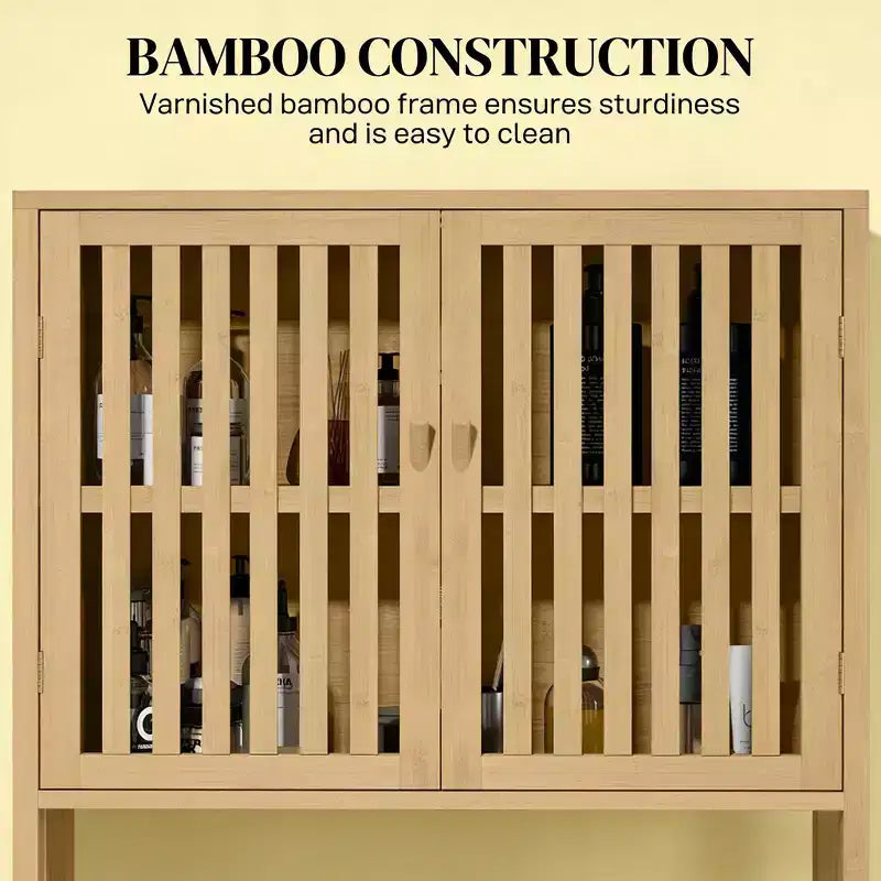 Meuble de rangement vertical en bambou GDFStudio Rhett à poser au-dessus des toilettes avec étagères réglables et portes à lattes