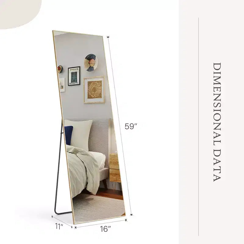 JIONJOY Miroir pleine longueur 16x59, verre HD incassable, cadre en métal, mural/sur pied pour chambre à coucher, placard, entrée