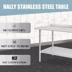 Table de travail robuste en acier inoxydable 60x30 avec étagère réglable, certifiée NSF, capacité de 236 kg, surface facile à nettoyer pour les cuisines commerciales et domestiques