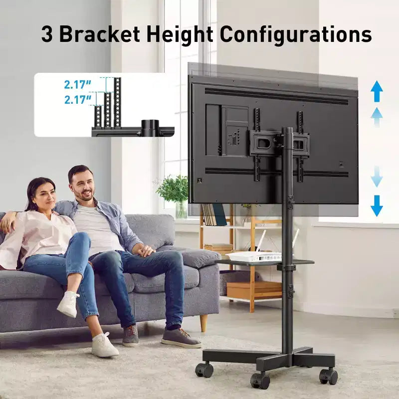 Chariot TV mobile PERLESMITH avec roues pour TV LCD/LED/OLED de 23 à 60 pouces, étagère réglable en hauteur, supporte jusqu'à 40 kg, VESA max 400x400mm
