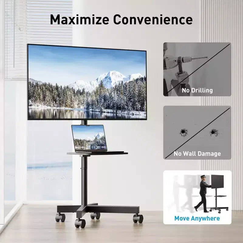 Chariot TV mobile PERLESMITH avec roues pour TV LCD/LED/OLED de 23 à 60 pouces, étagère réglable en hauteur, supporte jusqu'à 40 kg, VESA max 400x400mm