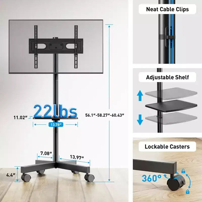 Chariot TV mobile PERLESMITH avec roues pour TV LCD/LED/OLED de 23 à 60 pouces, étagère réglable en hauteur, supporte jusqu'à 40 kg, VESA max 400x400mm