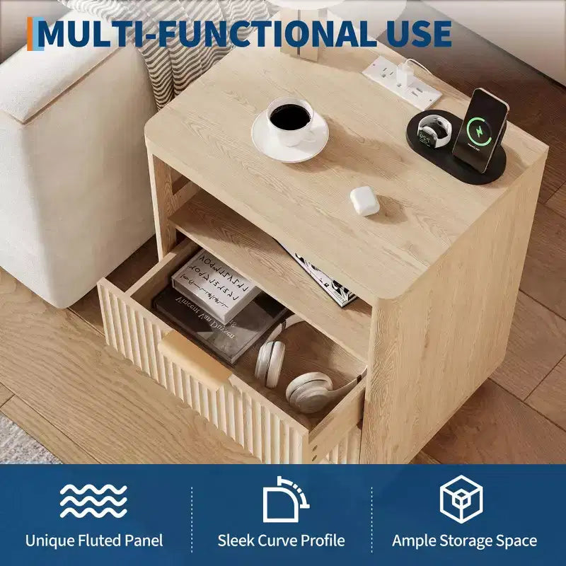 Table de chevet avec station de recharge, tiroirs et étagère ouverte, table de chevet moderne en bois pour chambre à coucher/salon/bureau