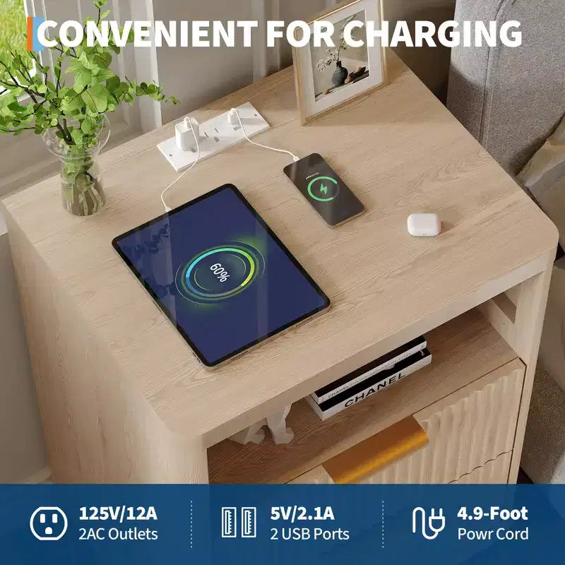 Table de chevet avec station de recharge, tiroirs et étagère ouverte, table de chevet moderne en bois pour chambre à coucher/salon/bureau