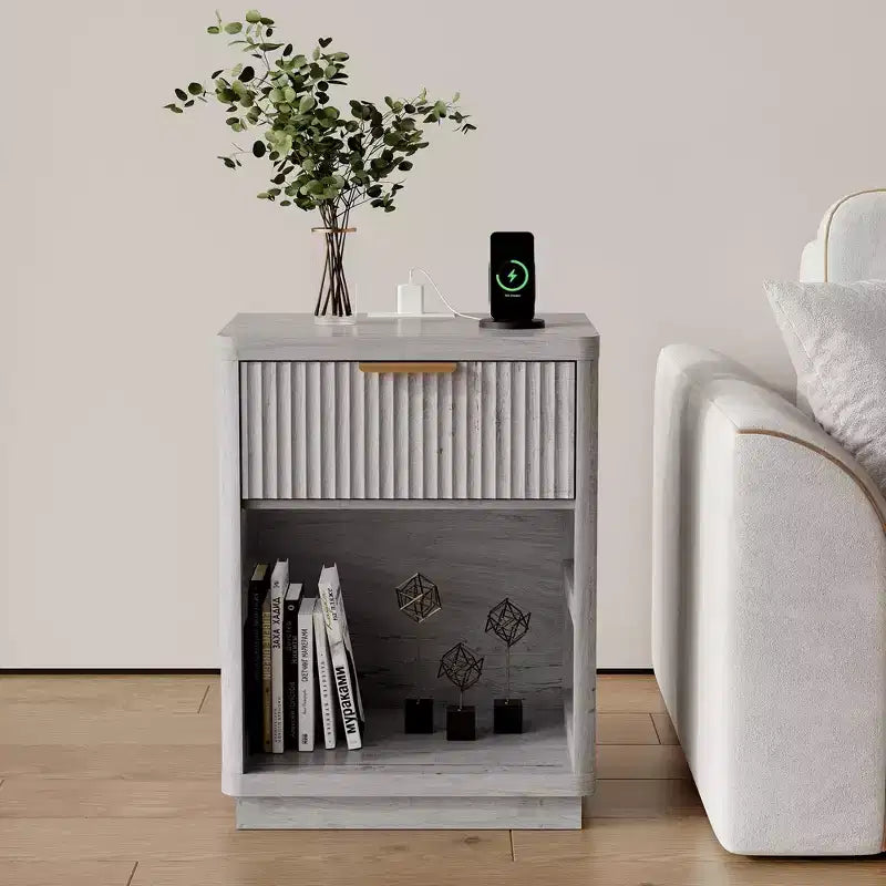 Nightstand with Charging Station, Drawers & Open Shelf, Modern Wood Bedside Table for Bedroom/Living Room/Office