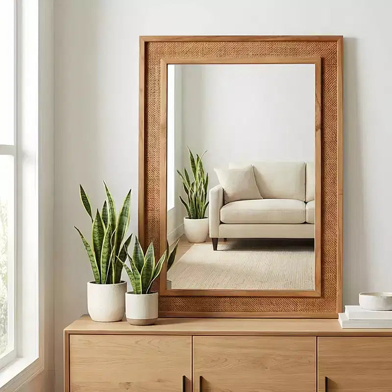 Miroir décoratif mural en bois massif et rotin style ferme Brielle de GDFStudio