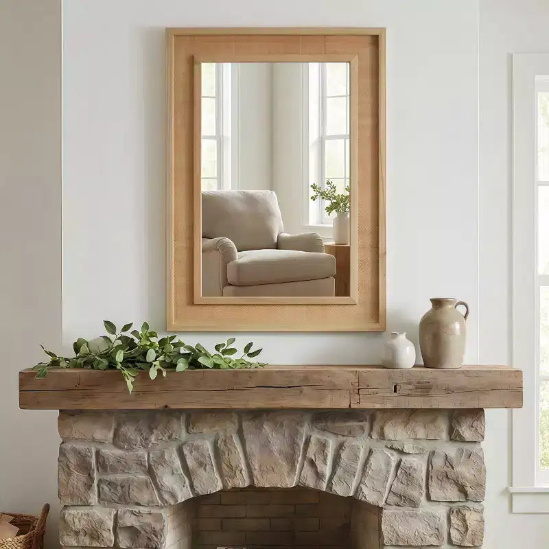 Miroir décoratif mural en bois massif et rotin style ferme Brielle de GDFStudio