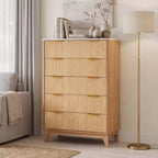 Commode 5 tiroirs cannelée moderne pour chambre à coucher, tour de rangement verticale avec poignées dorées, commode étroite pour petit espace