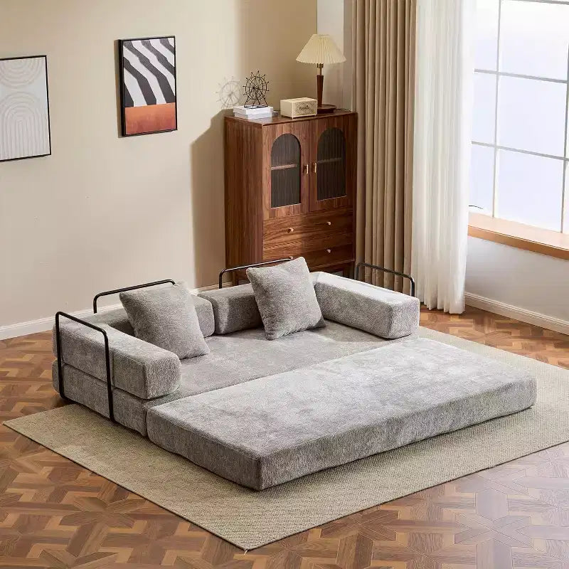 MooxvMoo Floor Sofa Bed Convertible, Corduroy Futon Couch with Pillow, Sleeper for Living Room Bedroom, Light Grey