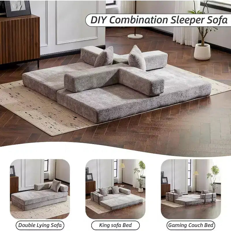 Canapé-lit convertible MooxvMoo Floor, futon en velours côtelé avec oreiller, pour salon ou chambre, gris clair