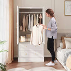 Armoire à persiennes GustoWave 65, Placard en bois avec 2 portes et 2 tiroirs, Rangement avec tringle à suspendre pour chambre à coucher