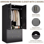 Armoire à persiennes GustoWave 65, Placard en bois avec 2 portes et 2 tiroirs, Rangement avec tringle à suspendre pour chambre à coucher