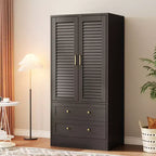 Armoire à persiennes GustoWave 65, Placard en bois avec 2 portes et 2 tiroirs, Rangement avec tringle à suspendre pour chambre à coucher