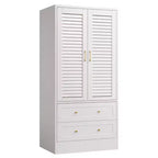 Armoire à persiennes GustoWave 65, Placard en bois avec 2 portes et 2 tiroirs, Rangement avec tringle à suspendre pour chambre à coucher