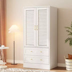 Armoire à persiennes GustoWave 65, Placard en bois avec 2 portes et 2 tiroirs, Rangement avec tringle à suspendre pour chambre à coucher