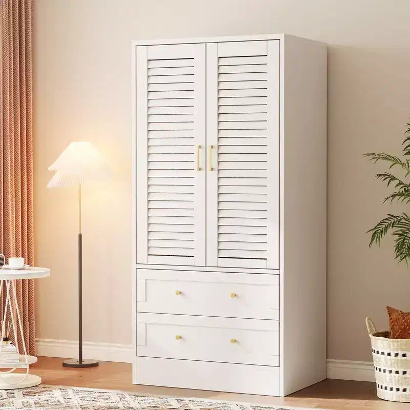 Armoire à persiennes GustoWave 65, Placard en bois avec 2 portes et 2 tiroirs, Rangement avec tringle à suspendre pour chambre à coucher