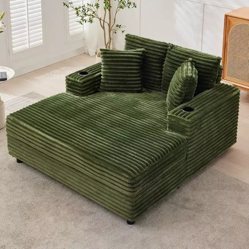 Canapé-lit méridienne en velours côtelé GustoWave 54, canapé-lit surdimensionné avec porte-gobelets et oreillers, mobilier de salon vert