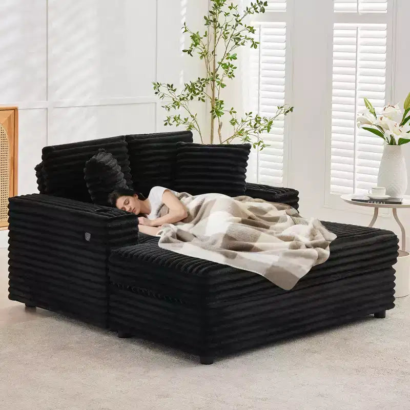 Canapé-lit méridienne en velours côtelé GustoWave 54, canapé-lit surdimensionné avec porte-gobelets et oreillers, mobilier de salon vert