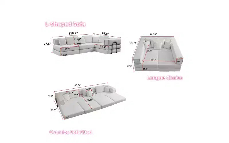 Canapé d'angle modulable MooxvMoo 118,2, canapé surdimensionné de 118,2 pouces avec 6 oreillers, canapé de sol rembourré, gris clair