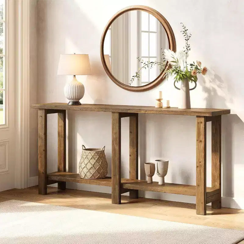 Console en bois massif Lantine, table de canapé extra longue de 180 cm derrière le canapé pour l'entrée, le couloir, le hall, le salon, marron naturel