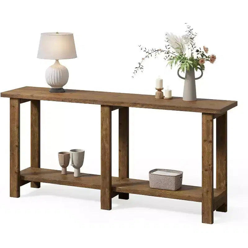 Console en bois massif Lantine, table de canapé extra longue de 180 cm derrière le canapé pour l'entrée, le couloir, le hall, le salon, marron naturel