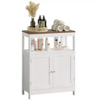 Meuble de rangement moderne avec double portes, organisateur de salle de bain autoportant avec étagère réglable et plateau en bois pour cuisine, entrée, blanc