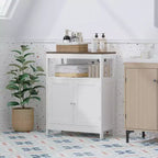 Meuble de rangement moderne avec double portes, organisateur de salle de bain autoportant avec étagère réglable et plateau en bois pour cuisine, entrée, blanc