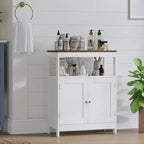 Meuble de rangement moderne avec double portes, organisateur de salle de bain autoportant avec étagère réglable et plateau en bois pour cuisine, entrée, blanc